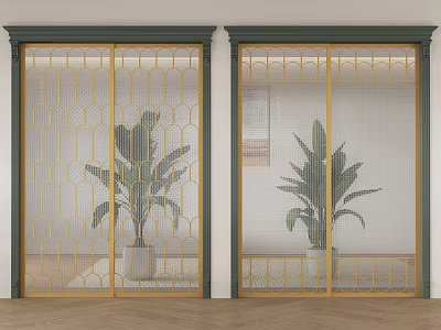 Sliding Doors with Golden Geometric Grid Design in Modern Indoor Space with Green Plants 3d model