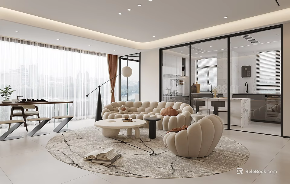 Modern Living Dining Room Interior With Beige Sofa Round Coffee Table And Large Windows 3d model 