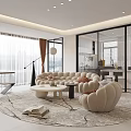 Modern Living Dining Room Interior With Beige Sofa Round Coffee Table And Large Windows
