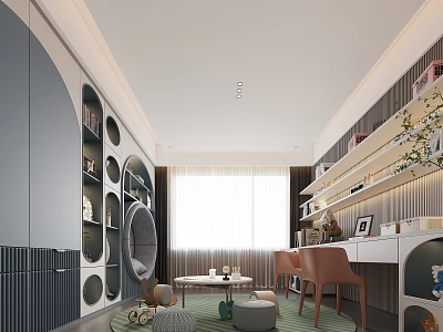 Modern Study Room Interior With Wall Bookshelves Writing Desk And Comfortable Chairs 3d model
