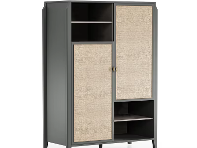 Dark Gray Entryway Console Cabinet With Woven Rattan Doors Open Shelves And Closed Storage 3d model