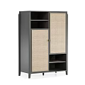 Dark Gray Entryway Console Cabinet With Woven Rattan Doors Open Shelves And Closed Storage