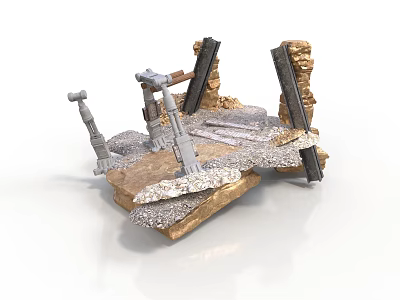 3D Model Bridge Components Featuring Stone Base Metal Supports And Wooden Beams 3d model