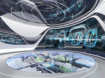 Futuristic High Tech Lab Interior With Circular Glass Platform And Holographic Data Displays 3d model