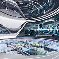 Futuristic High Tech Lab Interior With Circular Glass Platform And Holographic Data Displays