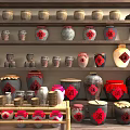 Traditional Ceramic Vessels Displayed on Wooden Shelves with Various Sizes and Red Labels