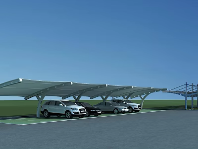 Outdoor Carport Canopy with Parked Cars Under Blue Sky and Green Lawn 3d model