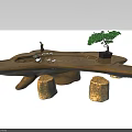 Handcrafted Root Carving Tea Table With Bonsai Tree Small Decorations And Natural Wood Stools 3d model