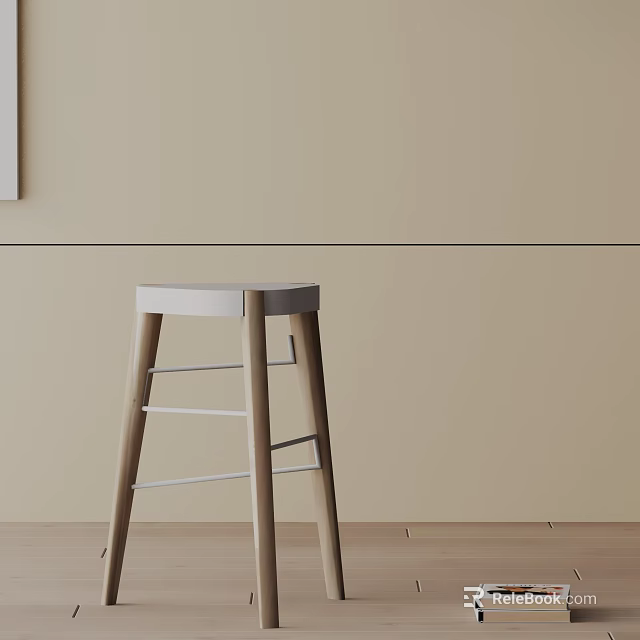 Modern Simple Bar Stool With Wooden Legs White Seat And Light Wood Rungs 3d model 