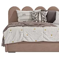 Cozy Kids Bed with Scalloped Headboard Blue Tan Blankets and Pillows