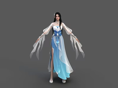 Ancient Style Female Character With Long Hair In Blue White Flowing Robe Elegant Standing Pose 3d model