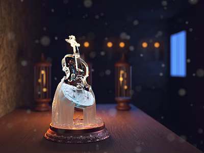 Crystal Violin Decorative Ornament Set With Wooden Base And Lantern Decorations Under Warm Lighting 3d model
