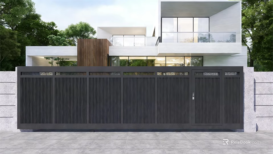 Modern Black Slatted Gate Design For Contemporary House With Green Plants 3d model 
