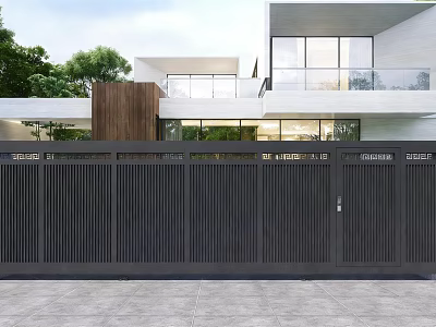 Modern Black Slatted Gate Design For Contemporary House With Green Plants 3d model