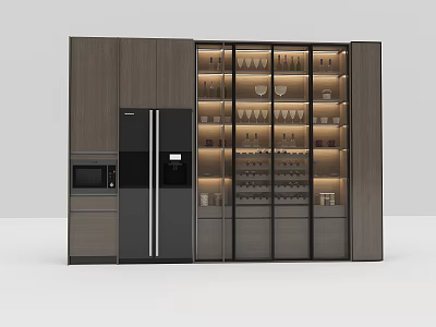 Modern Wine Cabinet With Glass Shelves Wine Glasses Bottles And LED Lighting In Kitchen 3d model
