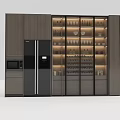 Modern Wine Cabinet With Glass Shelves Wine Glasses Bottles And LED Lighting In Kitchen