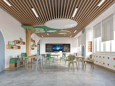 Kindergarten Interior Learning Space with Wooden Ceiling Colorful Furniture Green Decorations and TV Screen 3d model