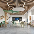 Kindergarten Interior Learning Space with Wooden Ceiling Colorful Furniture Green Decorations and TV Screen