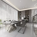 Modern Living Dining Room Interior With Gray Cabinets Dining Table And Display Shelves