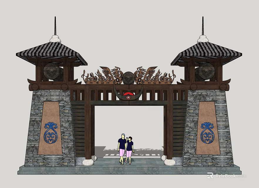 Traditional Entrance Gate With Pagoda Style Towers Ornate Carvings And Blue Emblems On Stone Plaques 3d model 