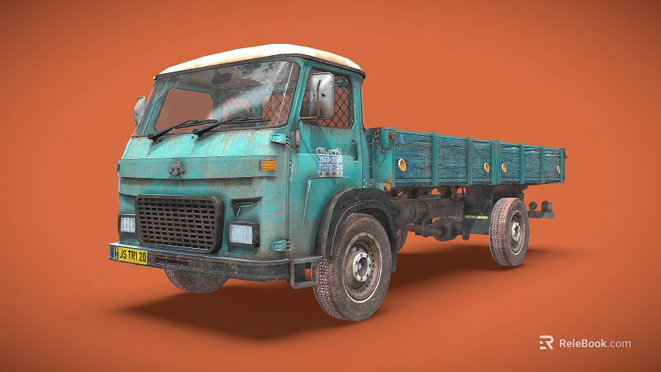 Teal Vintage Flatbed Truck With White Roof And Worn Rustic Details 3d model 