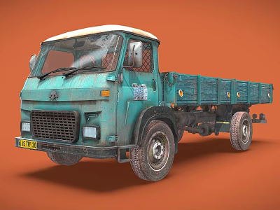 Teal Vintage Flatbed Truck With White Roof And Worn Rustic Details 3d model