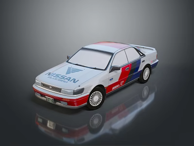 Nissan Classic Sedan Model With Red White Blue Stripes And Reflective Surface 3d model
