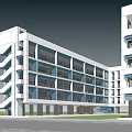 Modern School Building With Multi Storey Structure Glass Windows And Parking Lot Near Trees