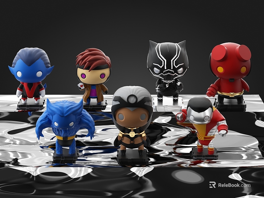 Various Colored Character Dolls Collectible Figurine Set On Shiny Surface 3d model 