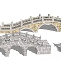 Traditional Arch Landscape Bridge With Stone Structure And Red Railing Design 3d model