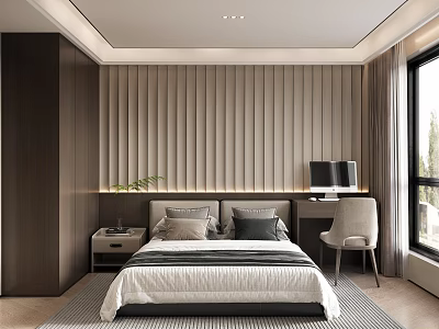 Modern Minimalist Bedroom With Vertical Striped Headboard Desk Computer Chair Nightstand And Green Plant 3d model