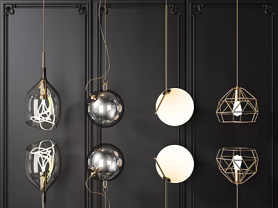 Modern Pendant Lights With Glass Metal Designs Spherical And Geometric Shapes On Dark Wall 3d model