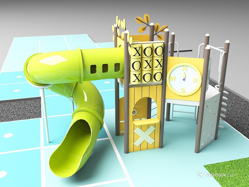 Kids Play Area With Green Slide Wooden XOXO Structure Clock And Climbing Frame 3d model 