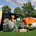 Outdoor Camping Setup With Open Vehicle Trunk Teddy Bear Folding Chairs And Campfire