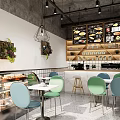 Modern Restaurant Interior With Open Layout Pastry Display Green Chairs And Menu Boards