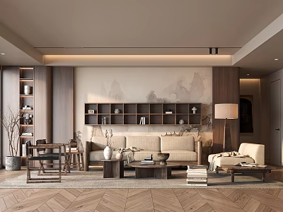 Modern Living Room Interior With Beige Sofa Coffee Table And Wooden Bookshelf 3d model