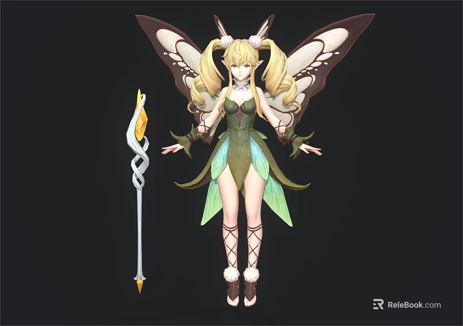 Fairy Character With Butterfly Wings Blonde Twin Tails Holding Magic Staff And Green Outfit 3d model 