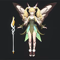 Fairy Character With Butterfly Wings Blonde Twin Tails Holding Magic Staff And Green Outfit