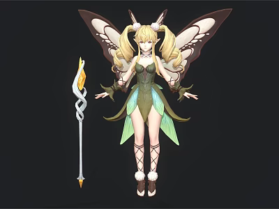 Fairy Character With Butterfly Wings Blonde Twin Tails Holding Magic Staff And Green Outfit 3d model