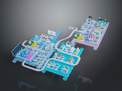 Detailed 3D Model Layout of Complex System with Colored Modules and Pipelines 3d model