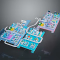Detailed 3D Model Layout of Complex System with Colored Modules and Pipelines