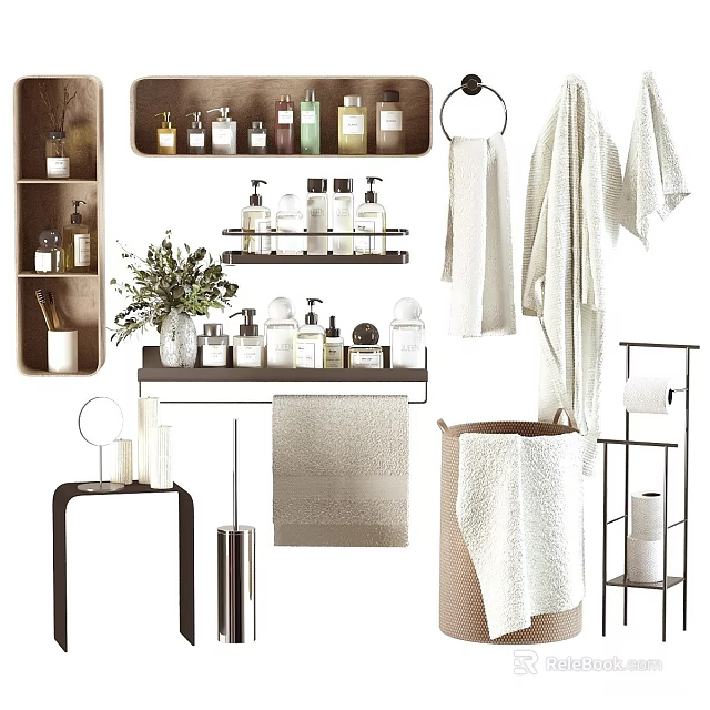 Stylish Bathroom Laundry Daily Essentials With Bottles Towels Shelves And Plants 3d model 