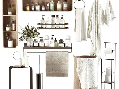 Stylish Bathroom Laundry Daily Essentials With Bottles Towels Shelves And Plants 3d model