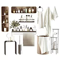 Stylish Bathroom Laundry Daily Essentials With Bottles Towels Shelves And Plants