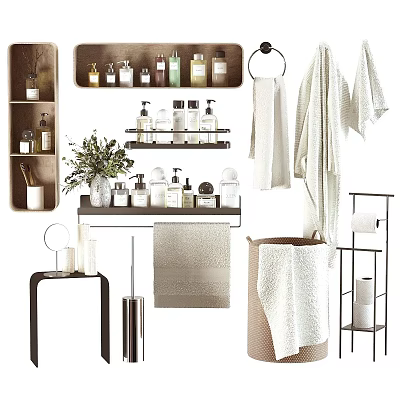Stylish Bathroom Laundry Daily Essentials With Bottles Towels Shelves And Plants 3d model