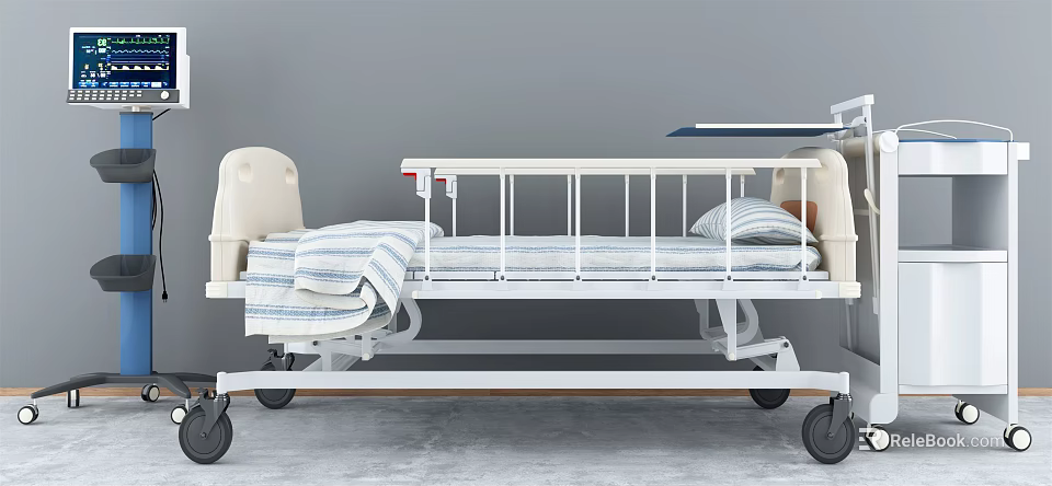 Adjustable Medical Bed With Side Rails Mattress And Mobile Wheels For Hospital Use 3d model 