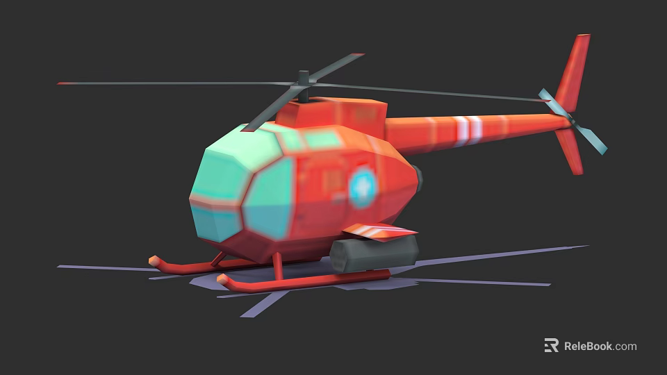 Red Low Poly Helicopter 3D Model With Rotors And Landing Gear 3d model 