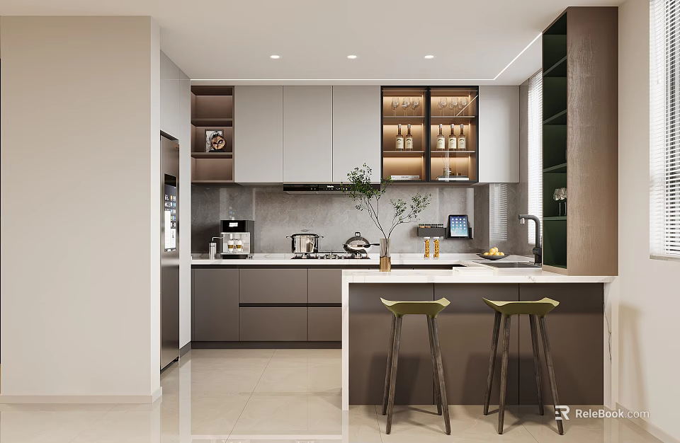 Modern Kitchen Interior Design With Island Counter And Two Stools And Cabinets 3d model 