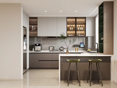 Modern Kitchen Interior Design With Island Counter And Two Stools And Cabinets 3d model