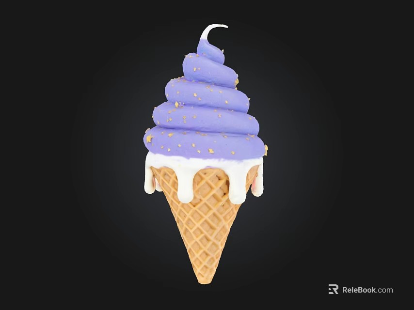 Purple Swirled Ice Cream With Golden Sprinkles And Dripping Cream In Waffle Cone 3d model 